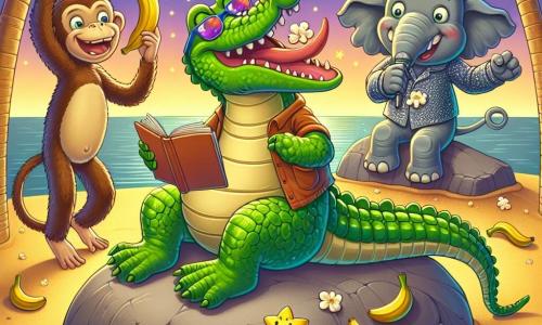 Un crocodil pe nume Hârtie, cu o piele verde strălucitoare și ochelari de soare colorați, stă pe o piatră mare lângă un lac, zâmbind entuziast în timp ce citește o poezie cu voce tare. Lângă el, o maimuță jucăușă, cu blana brună și o jachetă strălucitoare, dansează vesel, aruncând banane în aer. Un elefant zâmbitor, de culoare gri și purtând o pălărie amuzantă, se află în fundal, ținând un bol mare de popcorn, pregătit să-l împărtășească cu prietenii săi. Scena are loc pe o plajă cu nisip auriu, sub un cer înstelat, cu palmieri care se leagănă ușor în briza nocturnă. Hârtie și prietenii săi celebrează un recital de poezie, umplând aerul cu râsete și bucurie, în timp ce stelele strălucesc deasupra lor.