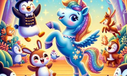 Una magnifica unicorno di nome Melodia, con un corpo blu brillante e una criniera scintillante come stelle, danza gioiosamente al centro della scena, il suo viso radioso di felicità ed eccitazione. Accanto a lei, un coniglietto di nome Pompino, un ragazzo con grandi orecchie e un cappello a cilindro troppo grande, salta di gioia, i suoi occhi brillanti di malizia. Non lontano, un pinguino di nome Fred, un ragazzo in costume da ballerina con bacche nere sul corpo, scivola su un tronco di legno, ridendo a crepapelle. Il contesto è un incantevole Boschetto delle Risate, pieno di alberi con foglie ridenti che sembrano danzare al ritmo di una dolce melodia, mentre animali colorati si radunano attorno a loro, creando un'atmosfera festosa e gioiosa. La scena principale mostra Melodia, Pompino e Fred partecipare a una gioiosa competizione di risate, circondati da animali divertiti che applaudono e ridono, riempiendo l'aria di felicità e magia.