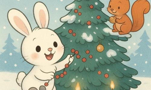 A fluffy white rabbit (main) with a round face and bright eyes, joyful and amazed, hops before a large dark-green Christmas tree holding a garland of red berries; a small round gray mouse (secondary) with a shy smile crouches left of the tree attaching berries to a low branch; a red squirrel with silky fur (secondary), proud and content, perches on a high branch placing a small golden hazelnut; the snow-covered fir is decorated with red berries and a golden nut, candles at its base cast a warm glow; outdoor winter clearing with powdery snow, soft falling flakes and distant tree silhouettes under a pale blue sky; the three friends tenderly decorate the tree together in a calm, warm scene with pastel colors and soft textures, composition centered on the tree and close-knit characters.