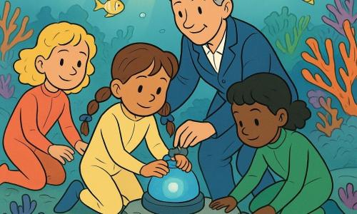 Five characters: an adult captain (about 40, silver hair in a bun, light sailor jacket) stands just behind the children on a smooth rock helping clip a small round beacon that pulses soft blue light; Mina (5, brown braided hair with blue ribbons, pale yellow wetsuit) kneels center holding the beacon like a treasure; Lila (5, curly blonde, coral wetsuit) to Mina’s left gently calls a turtle with outstretched hands; Bea (5, short black hair, green wetsuit) to Mina’s right leans over to watch small fish and protect corals; June (5, red ponytail, navy wetsuit) the child captain helps the adult check a fastening behind Mina. Scene: a shallow coral reef clearing with finger and fan corals in orange, purple and pink, swaying seagrass, dark green algae-covered rocks, schools of yellow-and-white fish, golden sunbeams filtering through the water and rising bubbles, as the turtle tugs a net on the rock and the girls calmly cooperate to free the reef.