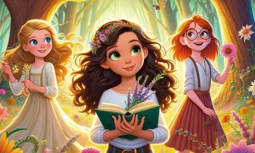 In an enchanted clearing, four girls stand together, surrounded by colorful flowers and tall trees with shimmering leaves. Mia, a 10-year-old with curly brown hair and sparkling eyes, is at the center, holding an open book, her face lit with curiosity. Lily, a 9-year-old with golden blonde hair, is to her right, twisting a wildflower between her fingers, her smile radiating joy. Sofia, an 11-year-old with glasses and brown hair in a ponytail, is slightly back, arms crossed, looking serious. Emma, a 10-year-old with red hair and freckles, is on the left, laughing out loud, arms raised to the sky as if dancing with the birds. The clearing is bathed in golden light, with sun rays filtering through the majestic trees, creating light patterns on the green mossy ground. Colorful butterflies flutter around, adding a touch of magic to the atmosphere. The main scene shows the girls talking to an ancient oak tree, whose branches stretch out like welcoming arms. The oak, with a wise face and kind eyes, shares words of wisdom while the girls listen attentively, their faces illuminated by understanding and wonder.