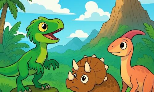 A velociraptor named Rio, with bright green feathers and sparkling yellow eyes full of curiosity, stands on a mossy rock, gazing in wonder at a silver glow shining at the top of a cliff. His sharp claws are slightly forward, showing his enthusiasm and courage. Next to him, Tilo, a small triceratops with brown scales and white horns, looks worried, her big round eyes fixed on the light. She seems hesitant but determined to follow her friend. Further away, Maya, a parasaurolophus with a delicate pink crest, gazes at the sky with a dreamy smile, her long legs anchored in the green grass. The setting is Dino Valley, with lush ferns, giant cycads, and majestic mountains in the background. The sky is bright blue, dotted with fluffy clouds, while the morning light illuminates the landscape. The main scene shows Rio, Tilo, and Maya preparing to embark on an adventure, their eyes turned toward the mysterious glow at the top of the cliff, filled with excitement and determination to discover the secret of the starry gem.