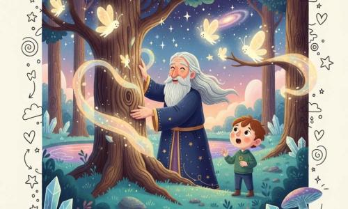 Orion, an elderly but energetic man with a long silver beard and hair, wearing a midnight-blue robe embroidered with golden stars, stands with his hands on the trunk of an ancient tree that's releasing a soft light; several small winged light-creatures like glass butterflies flutter around the tree, some perched on nearby branches, expressing joy; a boy of about eight, round-faced with brown hair and wide curious eyes, stands a few steps away with his mouth agape, watching the light spread; the setting is an alien forest with turquoise moss, crystalline lakes reflecting pink and purple nebulae, translucent mushrooms, floating stones, and a starry sky visible between tall crowns; Orion is restoring the tree's magic as luminous filaments stream from the trunk in colorful waves that awaken the forest, creating a warm, wondrous atmosphere.