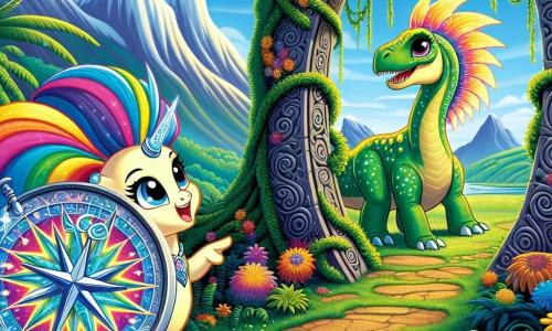 Cora, a bright and colorful compass with silver and bronze spiral patterns, joyfully floats in the air, her sparkling needle pointing towards a glowing portal. She expresses great excitement, her eyes sparkling with adventure. Next to her, Beryl, a huge brontosaurus with a long, graceful neck, stands with a friendly smile, her shiny green scales glistening in the sun. She looks at Cora kindly, ready to accompany her on this new adventure. The setting is a lush prehistoric valley filled with giant ferns and colorful flowers, under a bright blue sky with majestic mountains in the background. The scene captures the moment when Cora and Beryl stand before a stone arch covered in vines and glowing flowers, pulsating with golden light, ready to transport them through time to discover the wonders of the past.