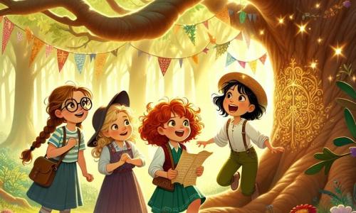 Four twelve-year-old girls stand at the foot of a majestic oak tree in an enchanted forest. Ella, wearing round glasses and having brown braided hair, curiously looks at the oak while holding an old parchment. Mia, with curly blonde hair and a colorful t-shirt, jumps for joy with her arms raised, full of energy. Ruby, with red hair in a ponytail and a mischievous smile, crouches to pick up a shiny leaf from the ground. Zoe, with black hair and a straw hat, laughs heartily, surrounded by bright party decorations hanging from the branches of the oak. The scene is a magical clearing bathed in golden light, where sunlight filters through green leaves, creating dancing patterns on the ground. Colorful flowers and butterflies flutter around them, adding a touch of whimsy to the atmosphere. The girls are on a treasure hunt, ready to solve a mysterious riddle to uncover the secret hidden in the oak. They exchange knowing glances, eager to take on the challenge with enthusiasm and laughter.