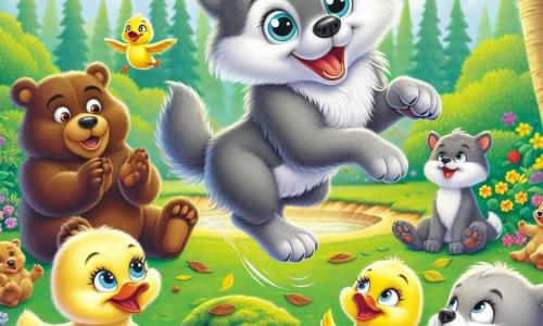 Ein junger Wolf namens Wolli mit weichem grauem Fell und funkelnden Augen springt fröhlich von einem kleinen Mooshügel, mit einem großen Lächeln im Gesicht. Neben ihm steht eine lebhaft gelbe Ente, Ella, mit glänzenden Federn und einem schelmischen Blick, die bereit ist zu klatschen, während ein dicker Braunbär, Bruno, mit runden Augen unten steht und herzlich lacht. Der Ort ist ein charmantes Tierdorf, umgeben von üppigem Grün, bunten Blumen und majestätischen Bäumen, wo die Tiere sich auf einer sanften, sonnigen Wiese versammeln. Die Hauptszene zeigt Wolli beim Sprung, bereit in einen Laubhaufen zu landen, während alle anderen Tiere ihn mit Jubelrufen und Lachen anfeuern und eine festliche und freundliche Atmosphäre schaffen.