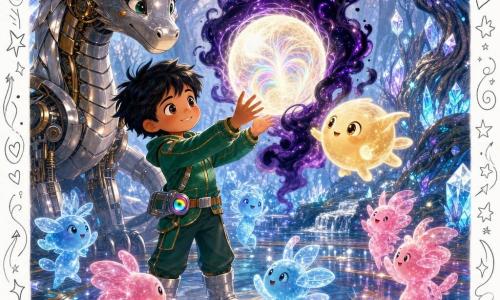 Kai é um rapaz de rosto determinado e doce, cabelo preto despenteado, olhos brilhantes, sorrindo com coragem e estendendo as mãos para uma esfera luminosa flutuante; veste jaqueta espacial verde-esmeralda com costuras douradas, botas prateadas e um pequeno projetor de arco-íris preso ao cinto. Lumi é uma pequena criatura de luz não humana, forma redonda e translúcida, brilho âmbar, flutuando perto da mão de Kai e pulsando luz quente. À esquerda, um grande dragão mecânico de escamas de metal polido e pistões de cobre observa curioso e sereno; ao redor, minúsculos habitantes luminosos não humanos, silhuetas azuis e rosas semelhantes a vaga-lumes, dançam em círculo a distância respeitosa. O cenário é uma floresta de névoa prateada com troncos luminosos retorcidos, ramos cobertos de cristais e rios de vidro líquido que refletem estrelas. A esfera mágica, no centro de uma clareira, é branco-ivoire radiante com filamentos arco-íris, envolta por um véu escuro que se dissipa em fumaça violeta. Atmosfera de cores vivas e contrastes, luzes suaves, texturas de metal e vidro brilhantes, sentimento de êxtase e calma heroica; estilo: ilustração juvenil clara, traços simples e arredondados, paleta luminosa e sobreposição de doodles (estrelas, linhas de movimento, corações) para acentuar a magia.