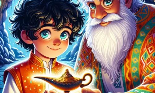 Aladdin, een jonge man met zwart, krullend haar en nieuwsgierige ogen, staat in het midden van het podium met een oude lamp in zijn handen. Zijn gezicht straalt verwondering en een vleugje opwinding uit terwijl hij in een dynamische houding staat, klaar om de lamp te wrijven om de geest vrij te laten. Naast hem staat een oude wijze met een lange witte baard, gekleed in een kleurrijke, oosters versierde jurk, die Aladdin met een welwillende glimlach observeert. Hij lijkt in zijn zestig te zijn, met wijze ogen die een mysterieuze gloed uitstralen. Op de achtergrond opent zich een mysterieuze grot, verlicht door schitterende edelstenen die kleurrijke reflecties op de muren werpen. Schaduwen dansen om hen heen en creëren een magische en intrigerende sfeer. De belangrijkste situatie toont Aladdin, klaar om de geest uit de lamp te bevrijden, terwijl de wijze hem aanmoedigt de juiste keuze te maken en het belang van wijsheid bij het gebruiken van zijn wensen benadrukt.