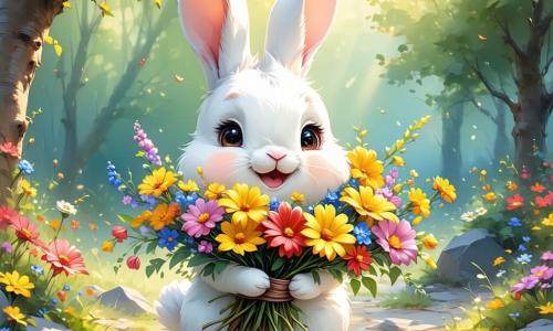 In the center of the image, a small white rabbit named Benny, with bright eyes and a radiant smile, proudly holds a bouquet of colorful flowers in his little paws. His large ears are upright, and his soft, fluffy fur reflects the sunlight. He looks joyful and excited, ready to surprise his mom for Mother's Day. Next to him, a little ladybug named Lucy, with red wings and black spots, happily flies around Benny. She has a sparkling, smiling face, showing her enthusiasm to help her friend, performing aerial twirls and adding a touch of magic to the scene. In the background, a sunlit meadow stretches endlessly, dotted with vibrant flowers: white daisies, yellow dandelions, and purple violets. Verdant trees line the meadow, and a clear blue sky with fluffy clouds completes this idyllic picture. The main focus shows Benny, the little rabbit, proudly holding his bouquet, ready to gift this love-filled present to his mom, Bunny Bella, who is inside their charming little burrow in the background, eagerly awaiting her son's surprise.