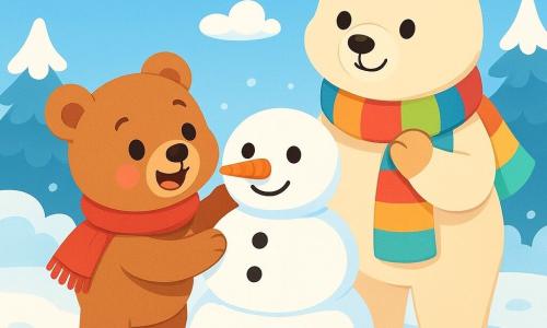 Un pequeño oso de peluche llamado Bruno, con un suave pelaje marrón y ojos chispeantes de curiosidad, está construyendo un muñeco de nieve en un jardín nevado. Sonríe alegremente, con sus mejillas rosadas mostrando su entusiasmo. A su lado, su mamá, una gran osa de pelaje crema, lo observa con ternura, sonriendo cálidamente y sosteniendo una bufanda colorida en sus patas. El jardín está cubierto de un espeso manto de nieve brillante, con árboles cuyas ramas están cargadas de nieve. El cielo es de un azul claro, salpicado de nubes esponjosas, y la luz del sol ilumina la escena, creando sombras suaves. Bruno, emocionado, modela la nieve con sus pequeñas patas, cantando una melodía alegre mientras añade una zanahoria como nariz al muñeco de nieve. La escena irradia una atmósfera de felicidad y magia invernal.