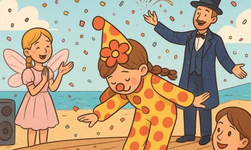 Ein achtjähriges Mädchen, Emma, strahlend und schüchtern zugleich, verbeugt sich tief auf einer kleinen Holzbühne in einem bunten Clownskostüm mit großen roten und gelben Punkten, spitzem Hut mit roter Blume und falscher kleiner roter Nase, lächelndes Gesicht mit geröteten Wangen; links auf der Bühne steht die achtjährige Mia in einem blassrosa Feenkostüm mit durchsichtigen Flügeln, blond geflochten, applaudierend; hinter der Bühne auf einem Wagen ein großer Magier in einem paillettenbestickten marineblauen Mantel und Zylinder, aus dem Bänder und goldener Glitzer sprühen; vorne rechts in der ersten Reihe Emmas Mutter, brünett, stolz lächelnd und die Hand eines kleinen Jungen haltend; Schauplatz: eine Stranddüne als Festplatz mit Holzbühne, bunten Girlanden, wehenden Fahnen, gepunkteten Wimpeln und Vintage-Lautsprechern, hellblauem Himmel mit wenigen Wolken und sanften Sonnenstrahlen; eine Menge Kinder und Erwachsene in verschiedenen Kostümen wirft bunten Konfettiregen; allgemeine Stimmung: festlich, hell, warm, mit gesättigten Kontrasten, weichen Texturen, runden expressiven Zügen und leichter Vogelperspektive.