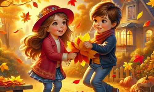 En un jardín en otoño, dos amigos están muy activos. Sofía, una niña de 8 años con largos cabellos castaños y un bonito gorro rojo, está agachada, sosteniendo una gran hoja amarilla con una gran sonrisa en el rostro. A su lado, Mateo, un niño de 8 años con cabello castaño y una chaqueta azul, está de pie, levantando una pequeña hoja roja al aire, con los ojos brillantes de emoción. El jardín está lleno de hojas de colores vivos: naranjas, amarillas y rojas, que caen de los majestuosos árboles. Al fondo, una casa acogedora con ventanas iluminadas y un porche invita a disfrutar de una tarde soleada. Los dos amigos bailan alegremente recogiendo hojas, creando un ambiente festivo y alegre, mientras una suave brisa hace girar algunas hojas a su alrededor.