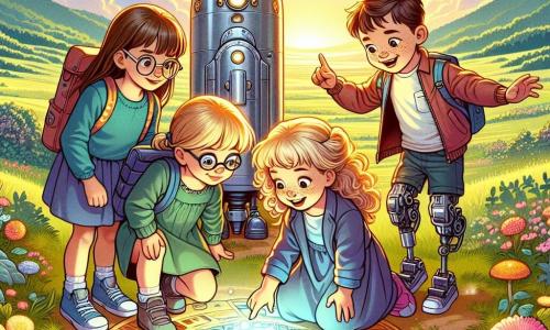 Na środku obrazu czterech dzieci zgromadziło się wokół błyszczącego statku kosmicznego. Po lewej stronie Kasia, 8-letnia dziewczynka z długimi blond włosami i okularami, z zachwytem przygląda się statkowi. Obok niej Tomek, 9-letni chłopiec z brązowymi włosami i piegami, wskazuje palcem na świecący przycisk na statku. Obok niego Ania, 7-letnia dziewczynka z kręconymi włosami w różowej sukience, uśmiecha się, skacząc z ekscytacji. Na końcu Krzyś, 10-letni chłopiec z protezą nogi, macha ręką, gotowy do wejścia na pokład. Miejsce to zielona łąka, usiana kolorowymi kwiatami, oświetlona złotym światłem zachodzącego słońca. W tle widać łagodne wzgórza pod błękitnym niebem z puszystymi chmurami. Dzieci odkrywają statek kosmiczny, który właśnie wylądował, z migoczącymi światłami i powoli otwierającymi się drzwiami, za którymi widać przyjazną postać pozaziemską, gotową na międzygalaktyczną przygodę.