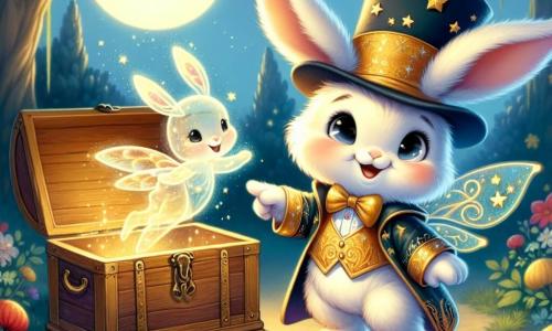 Ein kleiner Hase mit großen Ohren, weichem und seidigem Fell und neugierigen, glänzenden Augen steht vor einer alten Holzkiste, voller Staunen und Aufregung. Er trägt ein glitzerndes Zauberkostüm, verziert mit goldenen Sternen, das im Mondlicht strahlt. Neben ihm schwebt ein kleiner, durchsichtiger Geist mit einem freundlichen Lächeln und zarten Flügeln fröhlich in der Luft. Er sieht verspielt und ermutigend aus, zeigt auf die Kiste und lacht, als wollte er den Hasen einladen, ihren Inhalt zu entdecken. Die Szene spielt in einem geheimnisvollen Garten, voller bunter Blumen und großer Bäume mit goldenen Blättern, erleuchtet vom sanften Mondlicht. Schatten tanzen um sie herum und schaffen eine magische, bezaubernde Atmosphäre. Der Hase hat die Kiste im Garten entdeckt und ist kurz davor, sie zu öffnen, gespannt auf das magische Kostüm, das ihn drinnen erwartet, während der Geist ihn begeistert ermutigt, bereit, ihn auf diesem Abenteuer zu begleiten.