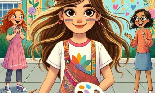 Na środku obrazu stoi 11-letnia dziewczynka, Kasia, z szerokim uśmiechem, a jej długie brązowe włosy powiewają na wietrze. Ma na sobie kolorowy t-shirt i spódnicę w radosne wzory, trzyma paletę farb w jednej ręce i pędzel w drugiej, gotowa do malowania muralu. Jej spojrzenie pełne jest determinacji i radości, co pokazuje, że w końcu ma zaufanie do siebie. Po jej prawej stronie stoi jej najlepsza przyjaciółka Zosia, również 11-letnia, z blond kręconymi włosami i różową sukienką, entuzjastycznie klaskająca, z błyszczącymi oczami pełnymi podziwu dla Kasi. Po lewej stronie Ania, kolejna 11-letnia przyjaciółka z brązowymi włosami i okularami, trzyma szkicownik i uśmiecha się, zachęcając Kasię spojrzeniem pełnym zrozumienia. Tło to wielka ściana lokalnej biblioteki, gdzie zaczynają pojawiać się jaskrawe kolory i wzory kwiatów oraz słońca. Słońce świeci na jasnoniebieskim niebie, a wokół rosną zielone drzewa, tworząc ciepłą i przyjazną atmosferę. Główna scena przedstawia Kasię, pełną pewności siebie, gotową zrealizować swoje marzenie, malując mural symbolizujący radość i przyjaźń, podczas gdy jej przyjaciółki ją wspierają, ilustrując znaczenie wiary w siebie i wzajemnego wsparcia.