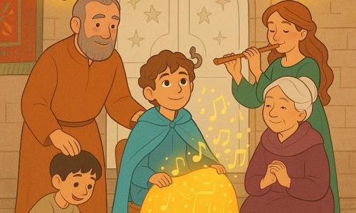 Principe Elio, circa 12 anni, seduto su una piccola sedia davanti a una grande porta bianca intarsiata di stelle, espressione dolce e speranzosa, occhi lucenti, capelli castano leggermente mossi, mantello azzurro e una grande coperta luminosa sulle ginocchia che emette note musicali visibili come bolle dorate; il Maestro delle Storie, uomo di circa 60 anni, barba corta grigia e veste ocra, con una mano appoggiata allo schienale vicino al principe; la signora Viola, donna di circa 70 anni, capelli bianchi raccolti in chignon, abito viola e sciarpa calda, seduta accanto al principe; un ragazzo della fontana di circa 8 anni, inginocchiato ai piedi del principe, capelli neri, che disegna piccole stelle con il gesso; una musicista di circa 25 anni in piedi dietro il gruppo che suona un flauto di legno; ambientazione: soglia della Torre Bianca con porta pesante bianca intarsiata, gradini di pietra consumata, mura con arazzi antichi e piccole lanterne che proiettano luce calda; situazione: gruppo unito in cerchio che canta e aspetta davanti alla porta chiusa, la coperta luminosa riscalda i volti e proietta motivi musicali colorati sulla pietra, atmosfera calma, magica e carica di attesa benevola.