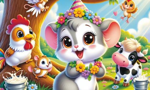 Una piccola topo di nome Nina, con un morbido pelo grigio e grandi occhi scintillanti di curiosità, danza felicemente sotto un grande albero, con un sorriso radioso sul viso. Indossa un piccolo cappello colorato e tiene una ghirlanda di fiori tra le zampe. Accanto a lei, il gallo Gino, con le sue piume rosse e dorate, canta allegramente, il becco aperto, pavoneggiandosi con orgoglio. Più lontano, la mucca Moka, con il suo pelo bianco e nero, si trova vicino a un secchio di latte, sorridente e pronta a servire bevande. Lo scenario è un bel prato verde, punteggiato di fiori colorati, sotto un cielo blu splendente, con raggi di sole che illuminano la scena. La situazione principale mostra Nina e i suoi amici animali intenti a preparare una festa gioiosa, piena di risate e musica, celebrando la loro amicizia nella natura.