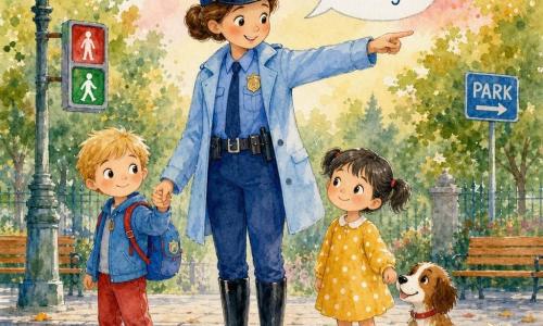 Una mujer policía sonriente y amable con uniforme azul claro y boina sostiene la mano de dos niños en un paso de peatones, señala la calzada; a la derecha un niño de 5 años de pelo rubio, pantalón rojo y mochila azul, a la izquierda una niña de 4 años con coletas negras y vestido amarillo de lunares blancos; junto a ellos una pequeña perrita marrón y blanca con collar rojo; escena frente a un parque verde con bancos de madera, un farol antiguo, algunas hojas coloridas sobre el pavimento adoquinado y un cielo en degradado pastel; situación didáctica de cruzar la calle diciendo 
