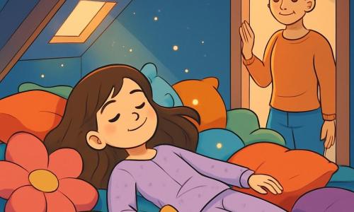 Een 12-jarig meisje, Noor, ligt op een groot bed met kleurrijke kussens, met een serene glimlach op haar gezicht. Haar bruine haar is verspreid om haar heen en ze draagt een zachte, pastelkleurige pyjama. Haar ogen zijn gesloten en ze lijkt vredig, alsof ze in een droom zweeft. In de nabijheid staat haar moeder, een vrouw van ongeveer 35 jaar, bij de deur van de kamer, glimlachend en zorgzaam, terwijl ze haar dochter met genegenheid observeert. Ze draagt een comfortabele trui en jeans, en haar haar is in een losse bun vastgebonden. De ruimte is een warme zolder, gevuld met zacht, gedempt licht. De muren zijn geschilderd in een rustgevende blauwe kleur, en een kleine straal zonlicht valt door een raam, waardoor dansende stofdeeltjes in de lucht worden verlicht. Kussens in verschillende kleuren, in de vorm van bloemen en sterren, liggen verspreid rond Noor, wat een knusse sfeer creëert. De belangrijkste situatie toont Noor, diep verzonken in een moment van rust, omringd door haar kussens, klaar om in slaap te vallen, terwijl kleine vuurvliegjes om haar heen flonkerend een magische toets aan deze vredige scène toevoegen.
