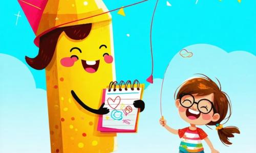 Un piccolo personaggio gioioso, un pennarello giallo con un grande sorriso disegnato sul tappo, si trova al centro dell'immagine, saltellando di eccitazione mentre tiene un blocco note colorato. Accanto a lui, una bambina dai capelli rossi in disordine, con un vestito a pois, ride di gusto, le guance arrossate dall'entusiasmo. È accovacciata, tiene un aquilone decorato di disegni colorati, pronta a farlo volare. Un ragazzo con occhiali rotondi e una maglietta a righe, in piedi accanto a lei, osserva l'aquilone con uno sguardo concentrato e un sorriso orgoglioso, mentre una piccola ragazza dagli occhi curiosi, con una mappa del mondo disegnata sulla maglietta, guarda con meraviglia, le mani sui fianchi. La scena si svolge in un parco soleggiato, pieno di verde, con alberi dalle foglie brillanti e una fontana scintillante in lontananza, dove i bambini giocano e ridono. Gli amici si preparano a far volare il loro aquilone decorato, circondati da un'atmosfera gioiosa e colorata, mentre il vento inizia a soffiare dolcemente, promettendo un'avventura piena di risate e creatività.