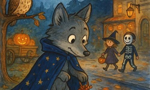 Een kleine antropomorfe wolf met zacht grijs pel en een te grote marineblauwe mantel met sterren die sleept, met een ondeugende nieuwsgierige blik houdt een klein oranje snoepzakje en kijkt naar zijn reflectie in een glanzende plas, links op een lage tak zit een beige-bruine gestippelde haveluisuil die knipoogt en het hoofd scheef houdt, op de achtergrond bij het gemeentehuis een verweerde houten pompoenkar met uitgehouwen verlichte pompoenen en een zacht klingelend koperen belletje, twee kinderen als heks en skelet lopen rechts over een kasseistrook en laten wat bruine bladeren vallen, het dorp aan de rand van dennenbos onder een zilveren maan met pompoenlantaarns aan de veranda’s, natte kasseien en herfstbladeren, oranje lichtkringen tegen blauwig schaduwspel, de wolf luistert naar het belletje en speurt naar een Halloween-mysterie in een mysterieuze maar warme sfeer met gedimd licht en zichtbare inktachtige texturen.