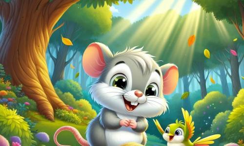 Ein kleiner Ratte namens Rudi, mit weichem grauem Fell und neugierigen, funkelnden Augen, steht fröhlich vor einem großen Baum, ein strahlendes Lächeln auf seinem Gesicht. Er sucht nach einem glänzenden kleinen Sandkorn, während seine kleinen Pfoten den mit bunten Blättern bedeckten Boden durchwühlen. Neben ihm fliegt ein kleiner Vogel mit leuchtend gelben Federn, spitzem Schnabel und lebhaften Augen um ihn herum und singt, offensichtlich glücklich, ihm bei seiner Suche zu helfen. Der Ort ist ein wunderschöner, grüner Wald, gefüllt mit majestätischen Bäumen, bunten Blumen, die im Wind tanzen, und Sonnenstrahlen, die durch das Laub filtern und eine magische, fröhliche Atmosphäre schaffen. Die Hauptsituation zeigt Rudi und den kleinen Vogel auf der Suche nach dem wertvollen Korn, umgeben von der Schönheit der Natur, mit fallenden Blättern und Lichtstrahlen, die die fröhliche Stimmung ihres Abenteuers unterstreichen.