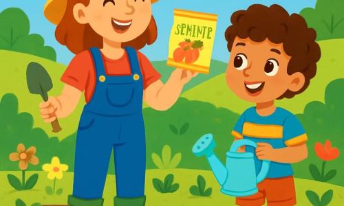 Irina, o femeie zâmbitoare de aproximativ treize ani, se află în mijlocul unui câmp verde, înconjurată de plante tinere de legume. Ea poartă o salopetă din denim, o pălărie de paie și cizme de cauciuc, iar fața ei radiază de bucurie și mândrie în timp ce ține o mică lopată într-o mână și un pachet de semințe în cealaltă. Lângă ea, un băiat de 8 ani, cu părul creț și ochii strălucitori, o observă atent, ținând o mică udătoare. El este îmbrăcat într-un tricou colorat și o pereche de șorturi, iar entuziasmul său este palpabil în timp ce se pregătește să ude semințele proaspăt plantate. Peisajul este idilic, cu coline blânde la orizont, flori sălbatice colorate care dansează în vânt și un cer albastru presărat cu nori albi pufoși. Situația principală arată cum Irina și băiatul plantează semințe în rânduri bine aliniate, înconjurați de frumusețea naturii, ilustrând magia creșterii plantelor și importanța îngrijirii pământului.