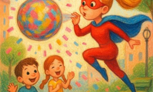 Een ondeugende glimlachende superheldin van in de twintig in een felrood kostuum met blauwe cape en paardenstaart springt in de lucht en blaast een grote meerkleurige stuiterende bal om tot een reusachtige confettiballon terwijl roze, blauwe en gouden stukjes door de lucht dwarrelen; links op het grijze trottoir zit de opgeluchte Tommie (~5) met een licht geschramd knië en kort bruin haar die vrolijk zwaait, achter hem klapt een meisje (~6) in een gele stippenjurk met koperrode vlechten, de scène speelt zich af in een kleurrijke stadsstraat bij een klein park met een groen houten bankje, een gebogen lantaarn en pastelkleurige gevels, en iedereen lacht en wijst vol verwondering.