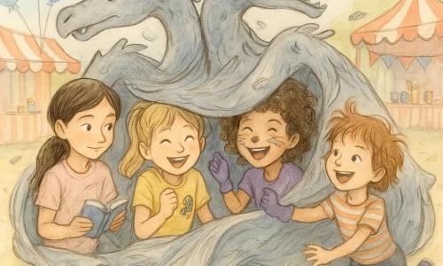Four sisters at an outdoor school fair—Luna (≈10), long dark chestnut hair in a straight ponytail, pale pink outfit, holding a small shiny book on the left; Piper (≈9), blonde pigtails, expressive face, octopus keychain in her pocket, center-left, beaming and mock-bowing as if with a mic; Maya (≈8), curly brown hair, cat face paint (pink nose, black whiskers), purple socks on her hands, center-right, leaping and chasing Piper while laughing; Zoey (≈7), short tousled hair, striped tee, sliding down a large dragon-shaped inflatable slide on the right, hair lifted by motion—setting: sandy confetti-strewn path, red-and-white striped booths, blue and yellow balloons, face-paint tent with shiny paint pots and buntings—main scene: the four tangled together under a large silver tablecloth made into a four-headed dragon costume, rolling in a heap on the grass with feathers stuck to the fabric and a “Most Creative” ribbon beside them, laughing faces and sparkling eyes as the cloth billows and feathers fly.