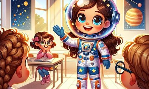 Mia, eine lächelnde Astronautin, steht im Mittelpunkt des Bildes und trägt einen bunten Raumanzug mit Sternenmuster. Ihre Augen strahlen vor Aufregung, während sie den Kindern von ihren Abenteuern erzählt. Sie hat kastanienbraune Haare zu einem Pferdeschwanz gebunden und einen transparenten Helm auf dem Kopf. Um sie herum hören mehrere Kinder aufmerksam zu. Felix, ein 8-jähriger Junge mit runden Brillen und lockigem Haar, hebt begeistert die Hand, um eine Frage zu stellen. Ein kleines Mädchen, Clara, 7 Jahre alt, mit blonden geflochtenen Haaren, schaut Mia mit staunenden Augen an und hält ein Buch über die Sterne in den Händen. Die Szene spielt in einem hellen Klassenzimmer, das mit Postern von Planeten und Sternbildern dekoriert ist. Fenster lassen Sonnenlicht herein, das die neugierigen Gesichter der Kinder beleuchtet. Mia teilt ihre unglaubliche Erfahrung im Weltraum und erklärt, wie sie die Erde von ihrem Raumschiff aus gesehen hat, während die Kinder fasziniert die Wunder des Universums vorstellen.