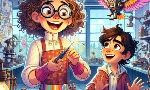 Clara, uma inventora de cabelos cacheados e despenteados, usa óculos redondos e um avental colorido, sorrindo entusiasticamente enquanto segura um pequeno pássaro mecânico que voa ao seu redor. Ao seu lado, Miguel, um garoto de dez anos com cabelos castanhos e olhos brilhantes de curiosidade, observa o pássaro com admiração, com os braços levantados em sinal de empolgação. A cena acontece em um encantador e colorido ateliê de invenções, repleto de máquinas estranhas, peças de metal brilhantes e esboços pendurados nas paredes, com a luz do sol filtrando através de janelas adornadas com cortinas roxas. Clara e Miguel estão testando uma nova invenção, um pássaro mecânico que voa alegremente pelo ateliê, criando uma atmosfera de magia e criatividade.