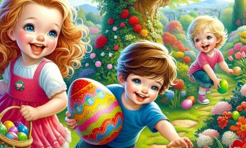 In un giardino soleggiato, tre bambini sono intenti a cercare le uova di Pasqua. Leo, un ragazzo di quattro anni con capelli castani e occhi scintillanti, tiene un grande uovo rosso tra le mani, sorridendo. Accanto a lui, Giulia, una bambina di quattro anni con lunghi capelli biondi e un vestito rosa, balla felice tenendo un uovo giallo. Marco, un ragazzo di quattro anni con capelli castani e una maglietta blu, si piega per raccogliere un uovo verde nascosto sotto un cespuglio fiorito. Il giardino è pieno di fiori colorati: tulipani rossi, margherite bianche e narcisi gialli. I bambini ridono e si divertono, cercando le uova nascoste tra i fiori e i cespugli, creando un'atmosfera gioiosa e festosa, piena di magia pasquale.