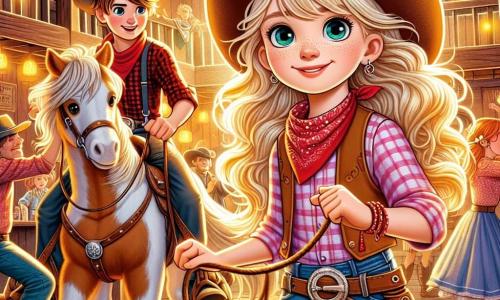 Într-o atmosferă însorită și veselă, Lila, o tânără cowgirl de 10 ani, stă mândră în centrul imaginii. Are părul lung și blond care strălucește în soare și ochi plini de determinare. Poartă o pălărie de cowgirl maro, o cămașă în carouri roșii și o pereche de blugi uzați, ținând frâiele poneiului său, Bâta Vântului, care se află lângă ea, cu un aspect prietenos. Aproape de ea, Hank, un cowboy de 12 ani, cu părul brun dezordonat și un bandană roșie în jurul gâtului, o privește pe Lila cu admirație, zâmbind, realizând că poate deveni prieten cu ea. Decorul este într-un saloon animat, cu pereți din lemn vechi, mese din stejar și lumini strălucitoare. Oamenii dansează și râd în jurul lor, creând o atmosferă festivă. Lila o invită cu curaj pe Hank să se alăture grupului de dans, transformând o tensiune inițială în prietenie veselă. Lila zâmbește călduros, pregătită să împărtășească un moment de bucurie și aventură cu noii săi prieteni.