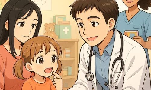 A smiling, calm male doctor (Dr. Max) with short brown hair, a slightly open white coat and shiny stethoscope crouches to eye level with a relieved, curious 6-year-old girl (Mia) with light brown pigtails who shows a loose tooth while holding her mother's hand; the mother, about 30, with loose black hair and a protective look stands slightly behind and left of the child, while a warm-smiling nurse in her late 20s with tied curly hair stands in the background right holding a box of colorful bandages; the small, bright consultation room has pastel yellow walls, educational animal and dental posters, a wooden shelf with toys and bandages, a small round table with stickers and soft light from a large window, and the scene—drawn with expressive manga features and warm colors—captures a gentle, reassuring dental check with smiles and tender gestures.