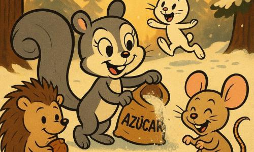 Lulú, una pequeña ardilla gris con una cola esponjosa, tiene una sonrisa radiante y ojos brillantes. Sostiene una bolsa de la que se escapa azúcar glas, creando un fino polvo brillante a su alrededor. Tico, un ratoncito con orejas rosadas, está a su derecha, riendo con ojos traviesos, sus pequeñas patas cubiertas de azúcar. Pina, una eriza con espinas suaves, está a la izquierda, observando con ternura, una avellana en la mano. Gusto, un conejo blanco de grandes orejas, salta alegremente en el fondo, sus patas dejando huellas azucaradas en la nieve. El escenario es un claro de bosque nevado, bañado por la luz dorada del crepúsculo, con dibujos de azúcar en la nieve representando estrellas y corazones. La escena principal muestra a Lulú y sus amigos creando dibujos navideños con el azúcar, rodeados de una atmósfera cálida y festiva.