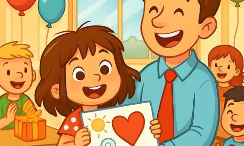 Una bambina di 6 anni, Sofia, con i capelli castani in disordine e occhi scintillanti di gioia, si trova al centro della scena, tenendo un grande disegno colorato tra le mani. Indossa un vestito rosso a pois bianchi e un sorriso radioso, piena di eccitazione e amore per il suo papà. Accanto a lei, il papà, un uomo di circa 30 anni con i capelli castani e una cravatta rossa, la guarda con orgoglio e tenerezza, ridendo gioiosamente. La scena si svolge in un'aula luminosa, decorata con palloncini colorati e ghirlande di carta, con tavoli in legno dove altri bambini sono seduti, ognuno con un regalo fatto a mano. Sullo sfondo, una grande finestra lascia entrare la luce del sole, illuminando i sorrisi dei bambini e dei papà presenti. Sofia presenta il suo disegno al papà, circondata dai suoi compagni che applaudono e sorridono, creando un'atmosfera festosa e calorosa, piena di risate e felicità.