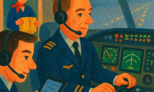 Pilot około 40 lat, twarz spokojna i skupiona, granatowy mundur z złotymi galonami, ręce blisko steru, wzrok na przyrządach, spokojny i ochronny; drugi pilot około 30 lat, krótkie brązowe włosy, lekko zmarszczone brwi lecz uspokajający, siedzi po lewej, patrzy na tablet i mówi cicho przez zestaw słuchawkowy, blisko pilota; stewardessa około 35 lat w tle kokpitu widoczna przez otwarte drzwi, uśmiechnięta i uważna, trzyma złożoną kamizelkę ratunkową; kokpit ze szczegółami: zielono‑pomarańczowe kontrolki, prostokątne ekrany z liniami podejścia ILS, okrągłe przyciski i metalowe dźwignie, refleksy kontrolek na ścianie, widoczne pociągnięcia pędzla w stylu gwaszu; na zewnątrz gruba niebieskawo‑szara mgła zasłania horyzont, przez szybę widać rzędy żółto‑czerwonych świateł podejścia rozmazanych w świetlne smugi; sytuacja: podejście do lądowania we mgle, napięte lecz spokojne, stłumione światło, kompozycja skupiona na współpracy pilota i drugiego pilota, wyraźne detale (lampa kabiny, słuchawki, karty lotu) i widoczne pociągnięcia pędzla dla ciepłego, dziecięcego efektu.