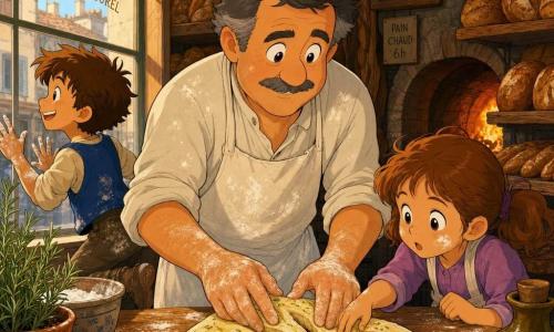 A kind smiling baker with a round face, thin gray mustache and short salt-and-pepper hair, wearing a flour-dusted white apron and rolled-up sleeves, gently kneads a soft ball of dough on a wooden table while shaping a leaf-shaped fougasse with visible slashes and glossy olive oil; to his right, seven-year-old Lila with light brown hair in pigtails and flour on her cheeks timidly touches the dough, and to his left eight-year-old Sam with messy brown hair and a small impatient smile jumps and peers through the shop window with floury hands; the cozy old bakery features large wooden shelves of shiny breads, a warm stone oven glowing orange, pots of rosemary and flakes of salt on the table, and golden morning light coming through a large smoked window, creating a warm atmosphere with visible textures—crispy crust, soft dough, wood grain.