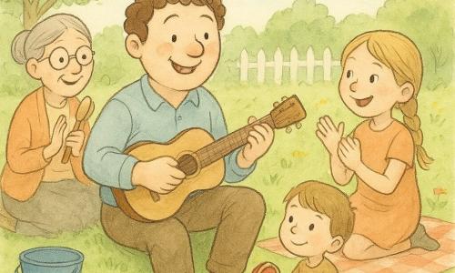 Un uomo di nome Leo, volto rotondo e capelli castani ricci, sorride mentre suona una piccola chitarra sulle ginocchia; a destra su una coperta c'è Sara, circa 8 anni, treccia bionda, che batte le mani; davanti a Leo c'è Marco, circa 5 anni, capelli castano corti, timido ma contento, che scuote un piccolo tamburo rosso; sullo sfondo a sinistra la signora Rosa, circa 65 anni, capelli grigi raccolti e occhiali tondi, sorride mentre batte due cucchiai di legno; il giardino è luminoso, prato verde con piccole fiori gialli e rossi, panchina di legno, recinzione bianca e cielo azzurro con nuvole morbide; strumenti improvvisati intorno: secchio blu, vecchio campanello di rame e piccola cassa di legno; scena calda e vivace: tutti suonano insieme in ritmo, risate, colori pastello, composizione centrata su Leo.