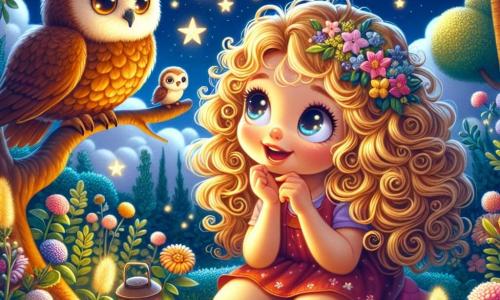 A 4-year-old girl named Lily is sitting in her garden, surrounded by colorful flowers. She has big, curious eyes and curly golden hair that falls on her shoulders. Her face is lit up with a wondrous smile as she gazes at the starry sky. Beside her, a wise owl named Oliver, with large brown feathers and round golden eyes, is perched on a tree branch. He appears attentive and kind, ready to share his wisdom. The setting is a magical garden, bathed in soft light, with flowers gently glowing in the darkness and a night sky filled with twinkling stars. Fluffy clouds float softly, adding a dreamy touch to the scene. The main moment shows Lily closing her eyes, listening intently to the whispers of the stars, while Oliver the owl watches her encouragingly. Golden threads of light emanate from the stars, creating an enchanted atmosphere around them.