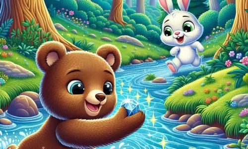 Un orso di peluche di nome Luna, con pelo marrone e morbido e grandi occhi scintillanti di curiosità, nuota felicemente in un ruscello luccicante, cercando di afferrare una pietra brillante che rotola sott'acqua. Accanto a lei, un coniglietto di nome Piuma, con pelo bianco e lunghe orecchie, salta sulla riva, gli occhi spalancati dall'eccitazione, incoraggiando la sua amica con un grande sorriso. Lo sfondo è una foresta incantata, con grandi alberi dai tronchi spessi e foglie verdi brillanti, fiori colorati che danzano al vento e un cielo blu punteggiato di nuvole soffici. La scena mostra Luna, l'orso, che lotta contro la corrente per recuperare la pietra brillante, mentre Piuma la incoraggia con entusiasmo, illustrando lo spirito di avventura e amicizia.