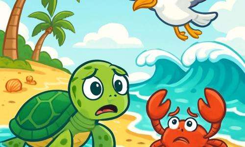 Luna, una tortuga marina de escamas verdes y brillantes, nada en un agua turquesa, sus grandes ojos redondos expresan preocupación. Observa la playa, donde la arena dorada es invadida por las olas. Nico, un cangrejo rojo vivo con pinzas divertidas, se encuentra en una roca, luciendo preocupado, con sus pequeñas patas inquietas. Sara, una gaviota blanca con plumas brillantes, vuela sobre ellos, sus ojos penetrantes muestran determinación para ayudar. La escena tiene lugar en una playa soleada, con palmeras verdes y conchas de colores esparcidas sobre la arena. A lo lejos, se ven olas que suben, amenazando con cubrir las dunas. Luna, junto a sus amigos, se da cuenta de que el mar avanza y se reúnen para discutir cómo proteger su hogar.