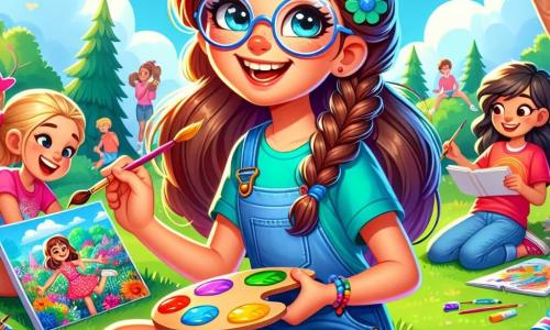 A 12-year-old girl, Maya, with long brown hair and round glasses, happily smiles while holding a colorful paint palette in one hand and a brush in the other. She wears a bright blue t-shirt and denim shorts, sitting on the green grass of a sunny park, surrounded by vibrant flowers. Next to her, Zara, another 12-year-old girl with braided blonde hair and a pink t-shirt, admires Maya's painting while holding a sketchbook in her arms. Ben, a 12-year-old boy with brown hair in a red t-shirt, is drawing on the grass, laughing enthusiastically. The park is filled with tall trees with green leaves, under a clear blue sky with fluffy white clouds. Children are playing in the distance, and the atmosphere is joyful and lively. Maya is painting a colorful landscape, full of energy and creativity, while her friends encourage her and share ideas, highlighting the importance of spending time together away from screens.