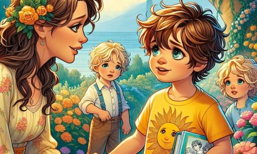 Um menino de 6 anos, Lucas, com cabelos castanhos bagunçados e olhos cheios de curiosidade, está no centro da imagem. Ele usa uma camiseta amarela com um desenho de sol e um short azul, segurando um livro de desenhos cheio de lembranças em suas pequenas mãos. Seu rosto expressa uma suave melancolia, mas também uma luz de esperança, enquanto se prepara para compartilhar suas memórias. Ao seu lado, sua mãe, uma mulher de cerca de 30 anos com cabelos longos e ondulados, vestida com um vestido leve e colorido, o observa com um sorriso reconfortante, inclinando-se levemente em direção a Lucas, mostrando seu apoio e amor. Ao fundo, amigos de Lucas, um menino de 6 anos com cabelos loiros e uma menina de 5 anos com tranças, estão perto de uma árvore majestosa decorada com flores coloridas, ouvindo atentamente Lucas, com rostos refletindo empatia e compreensão. A cena acontece em um parque ensolarado, com grandes árvores verdes, flores vibrantes e um céu azul salpicado de nuvens brancas. Um caminho de cascalho serpenteia pelo parque, levando a um pequeno canto pacífico onde Lucas decidiu celebrar a memória de seu amigo. Lucas está diante de um pequeno grupo de pessoas, compartilhando histórias e lembranças de seu amigo Miguel, enquanto planta flores em sua homenagem. As flores são coloridas e vibrantes, simbolizando a vida e o amor, enquanto Lucas sorri suavemente, relembrando os momentos alegres que passaram juntos.