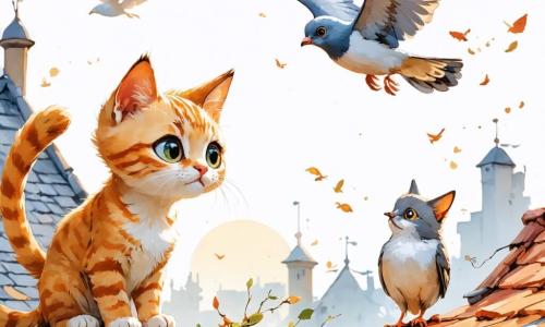Un giovane gatto rosso, con occhi brillanti e curiosi, è appollaiato sul bordo di un vecchio tetto, il suo pelo lucente alla luce dorata del sole al tramonto. Mostra un'espressione di eccitazione e determinazione, pronto a decollare con il suo aliantino fatto in casa. Accanto a lui, un piccione dal piumaggio grigio e bianco vola in cerchi, i suoi occhi brillano di entusiasmo. Più in là, una volpe astuta, con il pelo arancione vivo, lo osserva con un sorriso incoraggiante, pronta ad aiutarlo nella sua avventura. Il contesto è un quartiere urbano colorato, con edifici antichi ricoperti di edera, tetti in tegole rosse e giardini segreti visibili tra le strutture. Il cielo è tinto di sfumature arancioni e rosa, creando un'atmosfera magica. La scena principale mostra il gatto pronto a prendere il volo con il suo aliantino, circondato dai suoi amici, tutti ansiosi di scoprire le meraviglie nascoste della città.