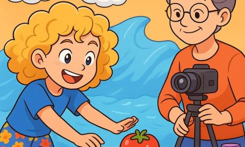 Una ragazza di 10 anni, con capelli ricci e dorati, indossa una maglietta blu e pantaloni corti a fiori. Ha un grande sorriso di eccitazione sul volto, con gli occhi che brillano di determinazione. Sta spingendo un pomodoro di gomma rossa su un ponte fatto di bottoni colorati, concentrata e piena di energia. Accanto a lei, una donna di circa cinquant'anni, sua zia Lalla, con occhiali tondi e capelli grigi raccolti, osserva con un sorriso orgoglioso. Tiene una videocamera su treppiede, pronta a catturare il momento. Lo sfondo è uno studio di stop-motion vibrante, pieno di nuvole di cotone sospese, onde di cellophane blu e piccoli accessori colorati sparsi sulla tavola. La scena principale mostra la ragazza che sfida l'impossibile facendo avanzare il pomodoro attraverso il ponte di bottoni, evitando di farlo cadere, con un'atmosfera di gioco e creatività palpabile.