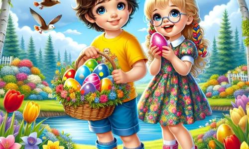 Un ragazzo di 8 anni, di nome Marco, con capelli castani disordinati e occhi pieni di curiosità, si trova al centro dell'immagine, sorridendo ampiamente mentre tiene un cesto pieno di uova di Pasqua colorate. Indossa una maglietta gialla brillante e pantaloni corti blu, e le sue stivali di gomma sono leggermente fangosi, testimoniando la sua esplorazione gioiosa. Accanto a lui, sua cugina, una ragazza di 7 anni di nome Clara, con lunghi capelli biondi intrecciati e occhiali tondi, ride mentre tiene un uovo rosa decorato con paillettes. Indossa un vestito a fiori e si china leggermente verso Marco, condividendo il suo entusiasmo per la caccia alle uova. Lo sfondo è un giardino primaverile splendente, pieno di fiori colorati come tulipani rossi e narcisi gialli, sotto un cielo blu chiaro punteggiato da alcune nuvole bianche e soffici. Gli alberi verdeggianti circondano il giardino, e un piccolo ruscello scintilla sullo sfondo. La scena principale mostra Marco e Clara in piena caccia alle uova di Pasqua, cercando con entusiasmo dietro ai cespugli e sotto i fiori, i loro volti illuminati dalla gioia e dall'anticipazione di scoprire ancora più uova nascoste.