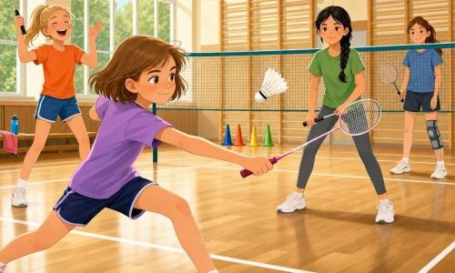 Four girls in a bright gym: Mia (~10) front left, short light-brown hair, freckled, focused shy smile, doing a split step and hitting a white feathered shuttle with a white-and-pink racket; Ava (~10) back left, blonde ponytail, energetic, applauding and laughing with raised racket, orange t-shirt and blue shorts; Lina (~11) back right near the net, long black braid, calm smile, upright and ready to receive, green t-shirt and grey leggings; Zoe (~10) back right behind Lina, brown hair, subtle right-leg brace, watching the shuttle's flight with hands on her racket. The gym has cream walls, light wood panels, varnished parquet floor with white badminton lines, a green/blue net, large left windows with soft light, colored training cones and a side bench with a water bottle and towel. Friendly match moment with the shuttle arcing over the net, warm atmosphere, vivid colors, clear contrasts, simple vector style for a children's book.