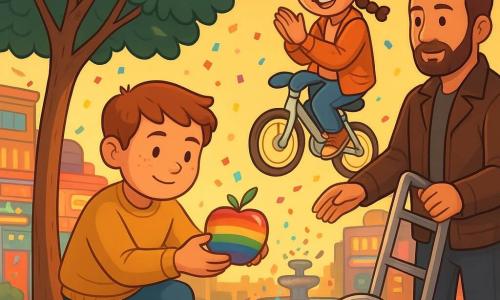 Een 8‑jarige jongen, Sam, met rond gezicht en sproeten, geconcentreerde en trotse blik, knielt en zet een kleine regenboogappel terug in de lage boom; hij draagt een mosterdgroene trui, blauwe broek en licht versleten sneakers, vlakbij een meisje van ~10, Lila, met kort gevlochten haar en ondeugende glimlach, klappend op een glanzende vliegende kinderfiets, en een volwassen man van ca. 40 jaar met korte baard en bruine leren jas die een gepolijste metalen ladder vasthoudt rechts van Sam; daarnaast rolt Rimo, een klein rond aluminium robotje met koperen details en blauwe lichtogen dat vriendelijke vonkjes geeft, bij een fontein die meerkleurige confetti spuwt; de scène speelt zich af op een heldere stadsplein met geometrisch geplaveide grond, retro‑futuristische kramen en gekleurde gevels met zachte neonborden, warme zonsondergangverlichting, levendige kleuren, dynamische bewegingen en een nette vectorstijl met heldere contouren.