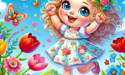 A 2-year-old girl with big bright eyes and curly blonde hair joyfully jumps in a colorful garden. She wears a light floral dress and pink sandals, her arms raised in happiness. A brightly colored red and blue bird sits on a branch above her, singing cheerfully. A butterfly with multicolored wings flutters around the girl, adding a touch of magic to the scene. The garden is filled with vibrant flowers: red tulips, yellow daffodils, and blue violets, under a clear blue sky dotted with a few white clouds. The little girl dances and plays among the flowers, enchanted by the beauty of spring, while the bird and butterfly watch her joyfully, creating an atmosphere of happiness and renewal.